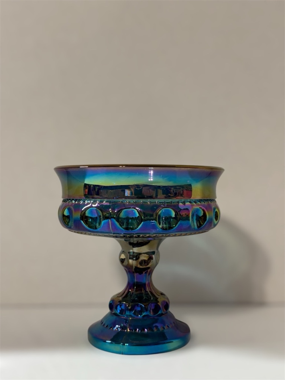 Vintage Blue Carnival Glass Kings Crown Thumb Print Footed Compote Dish